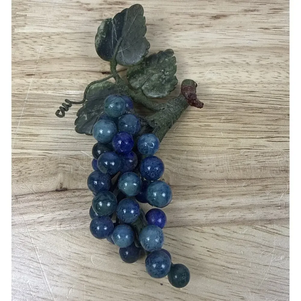 Vintage Set Of 2 Blue Agate Stone Grape Clusters With Jade Stone Leaves